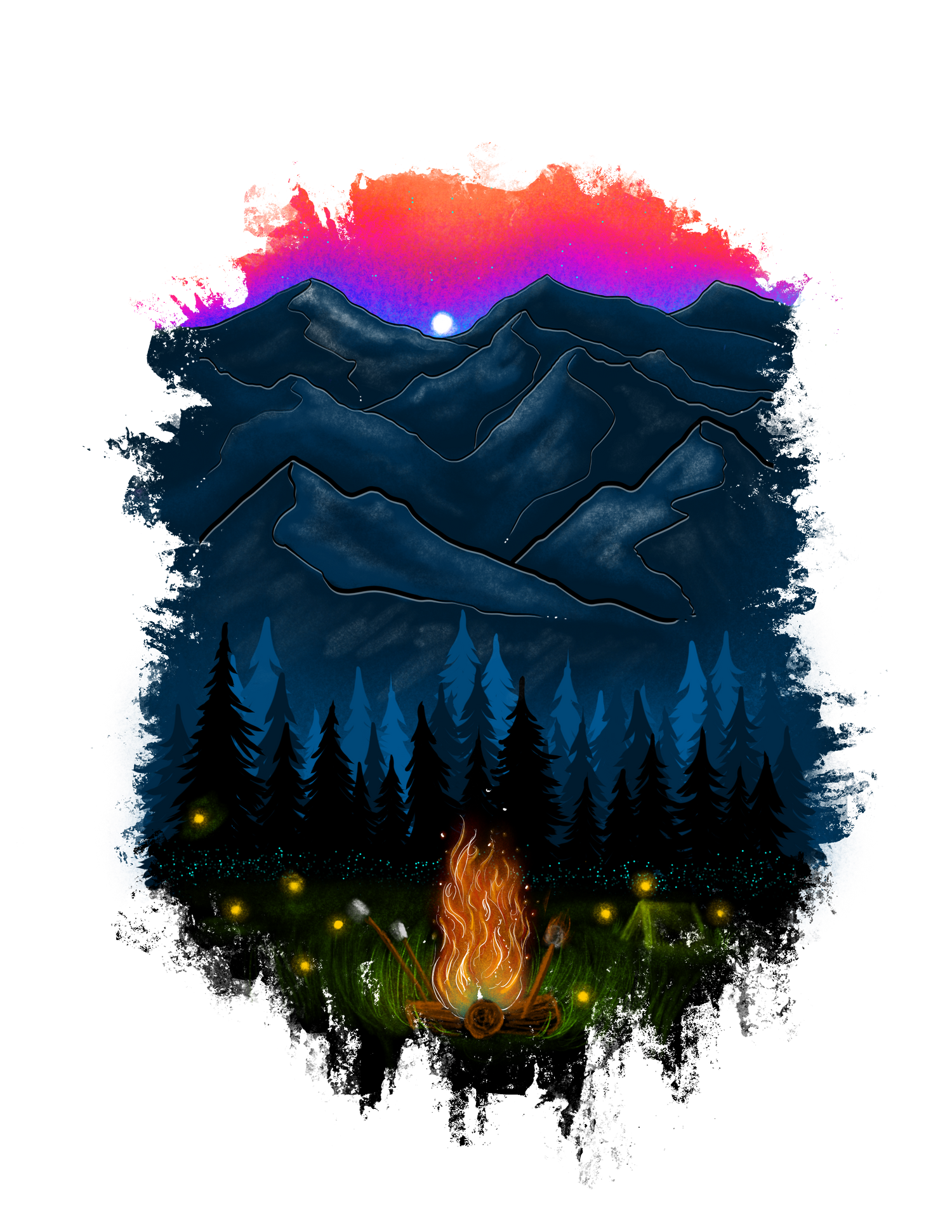 Mountain landscape with trees and a campfire at night, colorful sky.